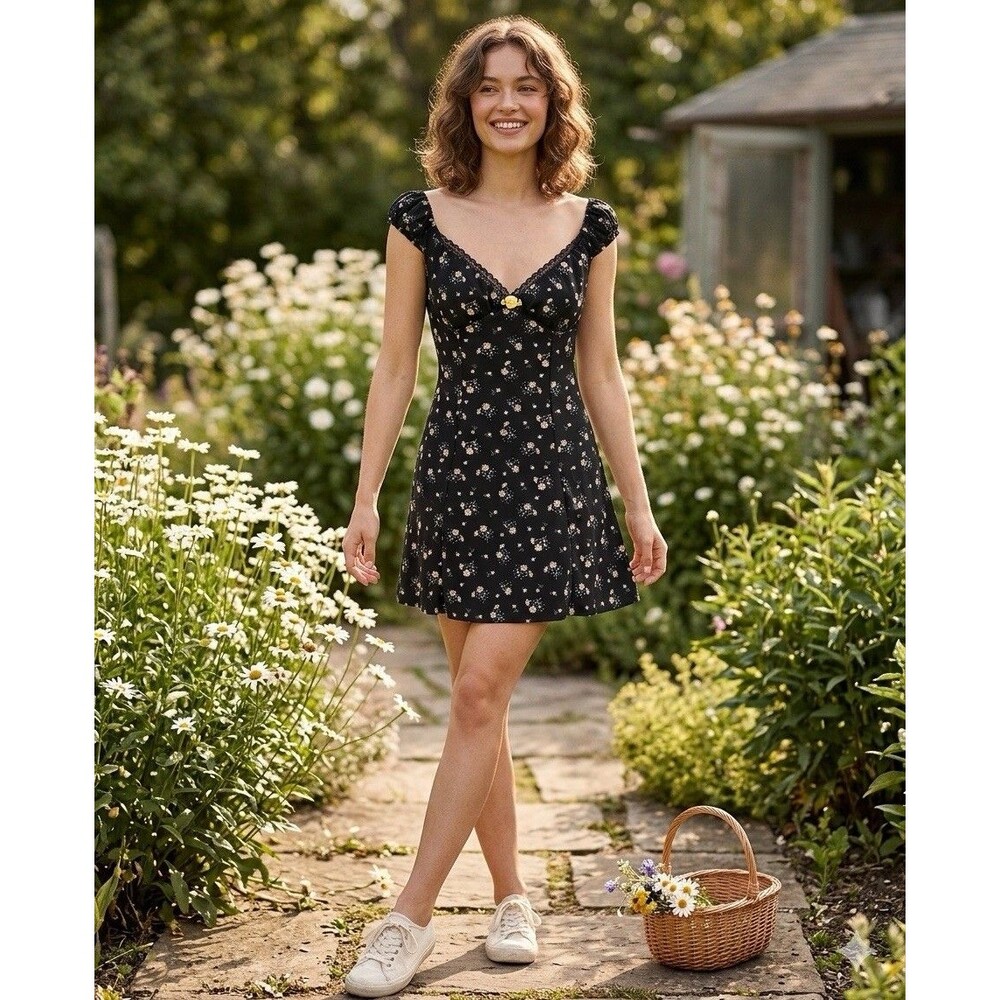 Liberty Love Floral Dress Womens S Black Yellow V-Neck Crochet Mini Sun Dress